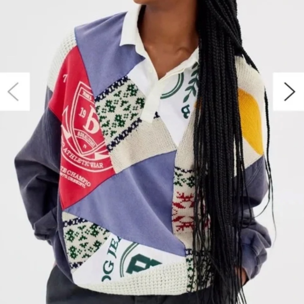 BDG Textured Patchwork Polo Sweatshirt Long Sleeve Preppy collared cotton M